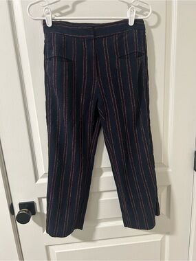 Carven Textured Navy Trousers with Red Pinstriped Detail